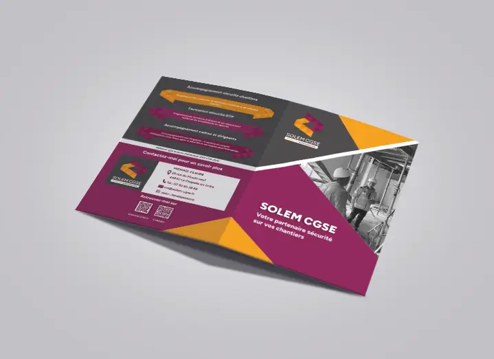 Double extérieure de la plaquette commerciale de SOLEM CGSE conçue par Co-Lor, graphiste freelance à Nantes